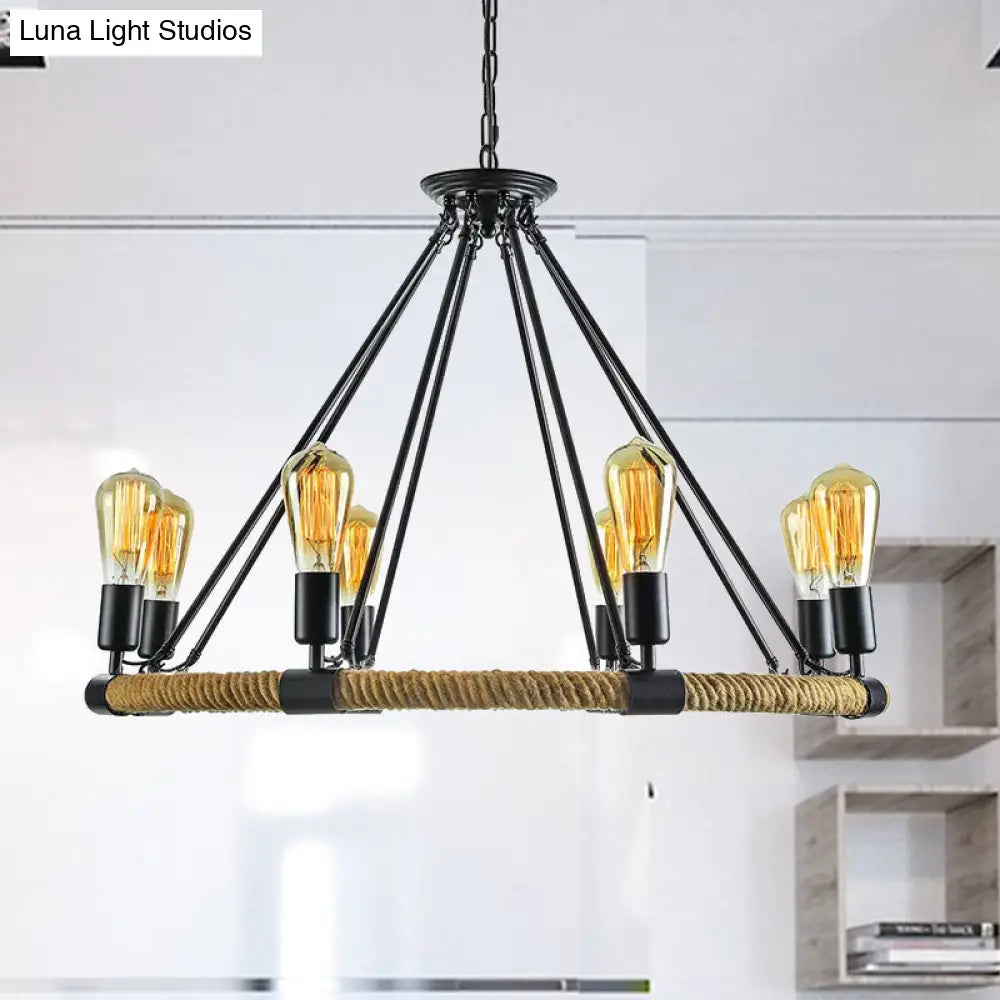 Lodge Style Roped Ring Chandelier Pendant Light With Adjustable Chain - 6/8 Heads In Black