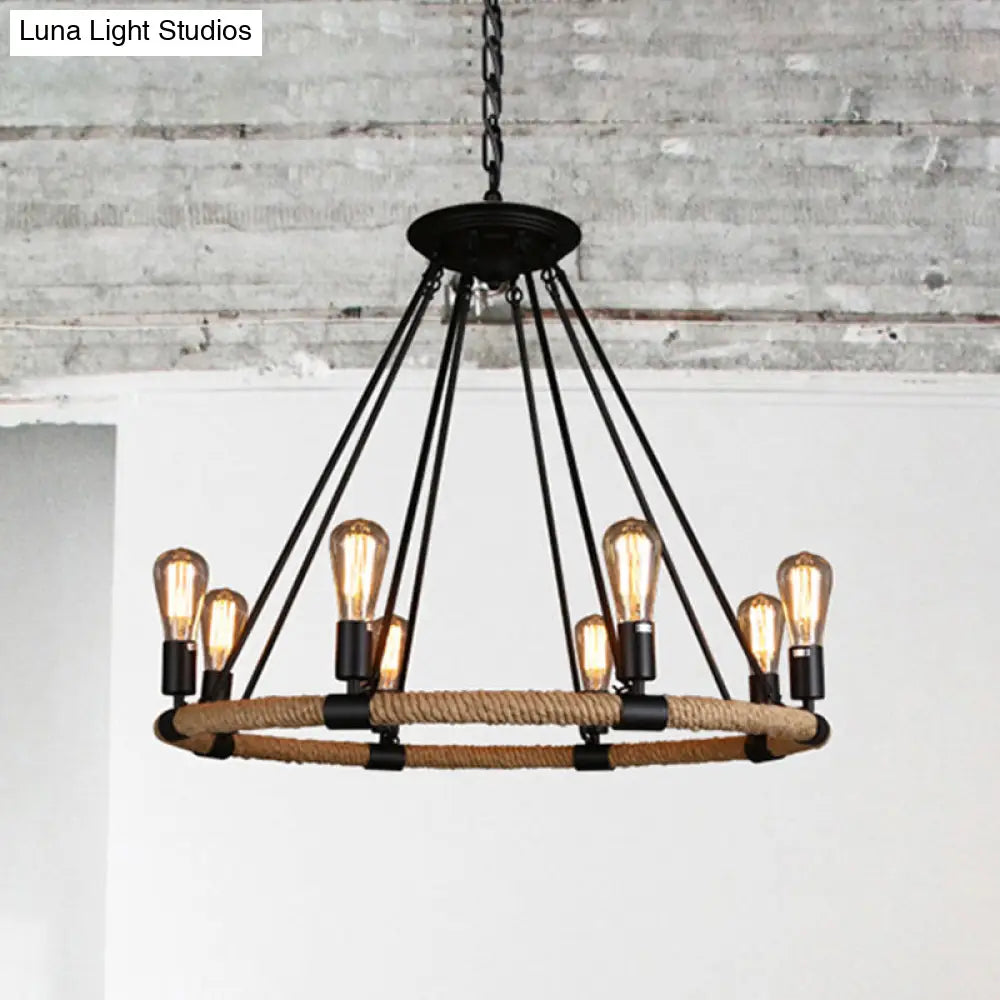 Rustic Rope Ring Chandelier - Lodge Style Pendant Light With Adjustable Chain 6/8 Heads Black