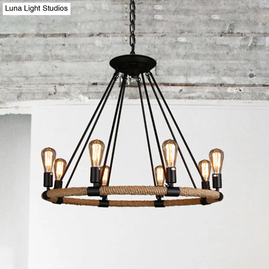 Rustic Rope Ring Chandelier - Lodge Style Pendant Light With Adjustable Chain 6/8 Heads Black