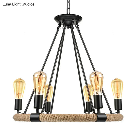 Lodge Style Roped Ring Chandelier Pendant Light With Adjustable Chain - 6/8 Heads In Black