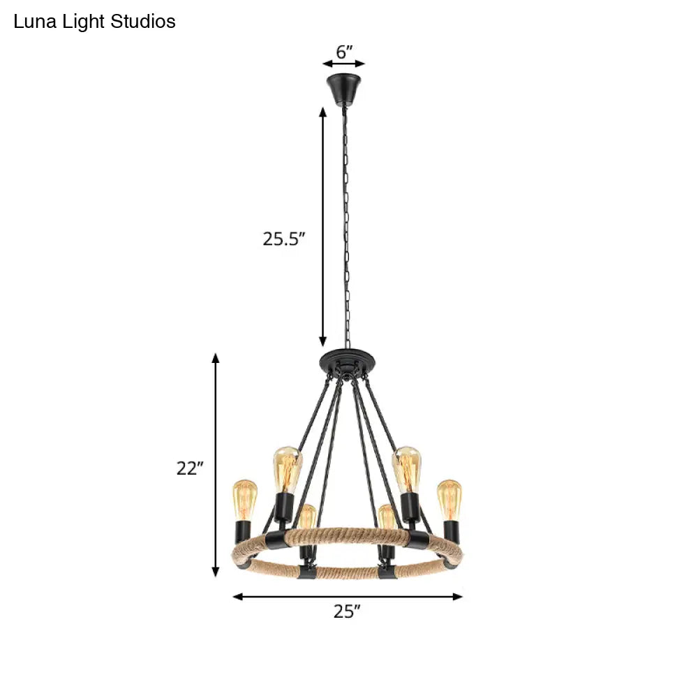 Rustic Rope Ring Chandelier - Lodge Style Pendant Light With Adjustable Chain 6/8 Heads Black