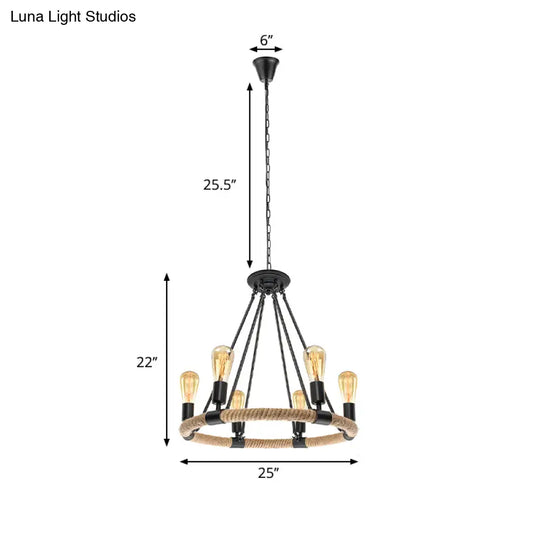 Rustic Rope Ring Chandelier - Lodge Style Pendant Light With Adjustable Chain 6/8 Heads Black