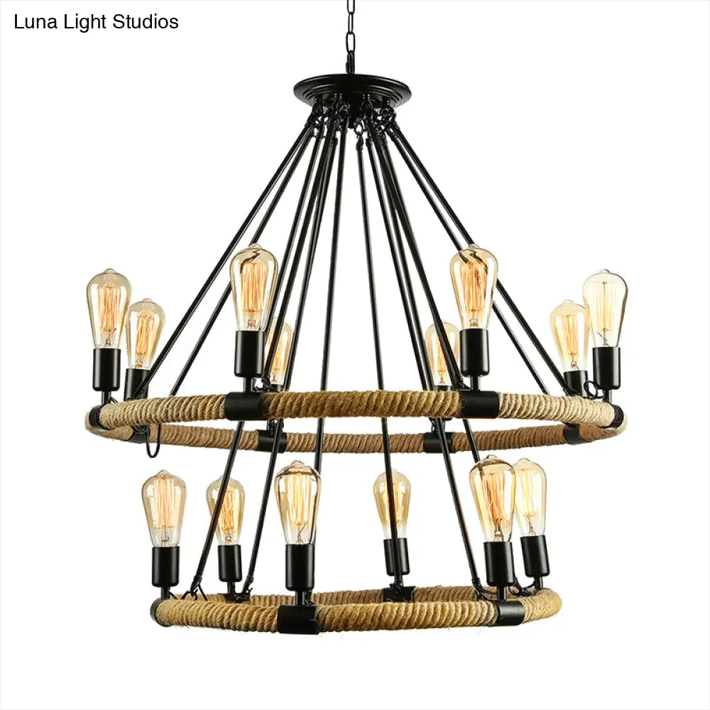 Rustic Rope Ring Chandelier - Lodge Style Pendant Light With Adjustable Chain 6/8 Heads Black