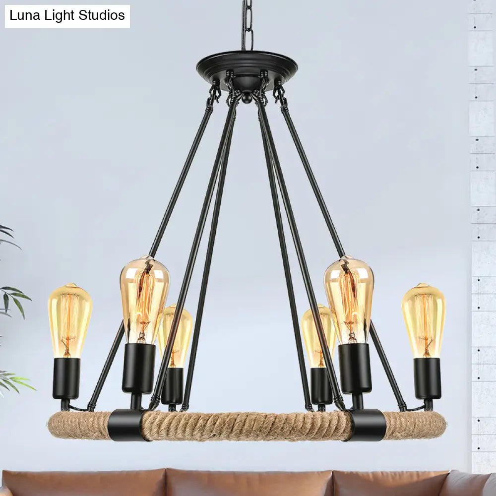 Lodge Style Roped Ring Chandelier Pendant Light With Adjustable Chain - 6/8 Heads In Black 6 /