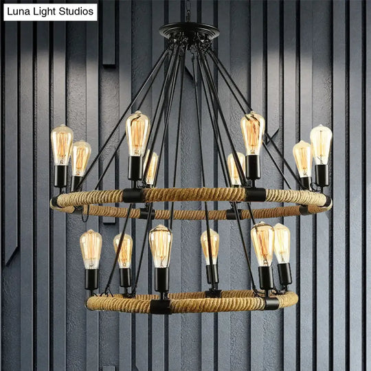 Rustic Rope Ring Chandelier - Lodge Style Pendant Light With Adjustable Chain 6/8 Heads Black