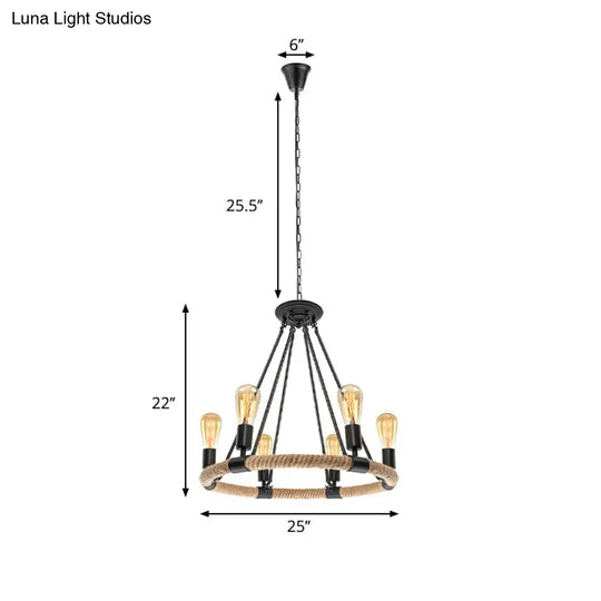 Lodge Style Roped Ring Chandelier Pendant Light With Adjustable Chain - 6/8 Heads In Black