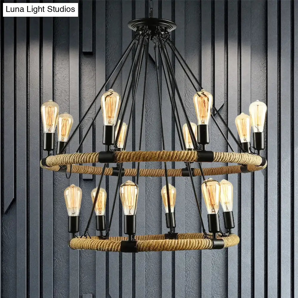 Lodge Style Roped Ring Chandelier Pendant Light With Adjustable Chain - 6/8 Heads In Black