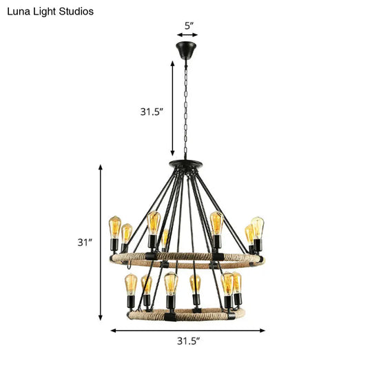 Lodge Style Roped Ring Chandelier Pendant Light With Adjustable Chain - 6/8 Heads In Black