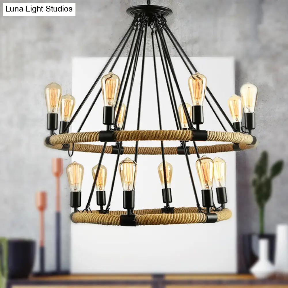 Lodge Style Roped Ring Chandelier Pendant Light With Adjustable Chain - 6/8 Heads In Black