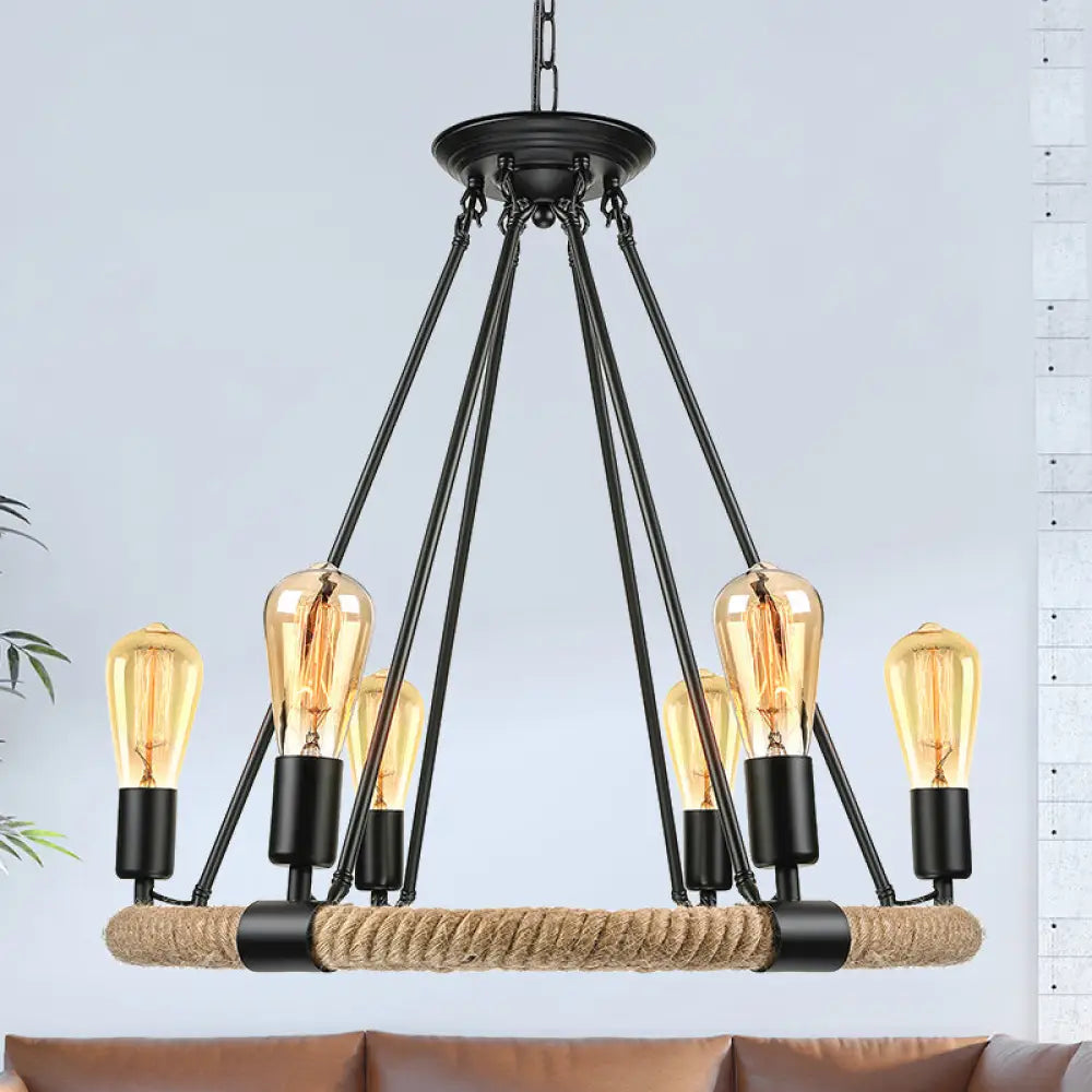 Rustic Rope Ring Chandelier - Lodge Style Pendant Light With Adjustable Chain 6/8 Heads Black 6 /