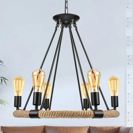 Rustic Rope Ring Chandelier - Lodge Style Pendant Light With Adjustable Chain 6/8 Heads Black 6 /