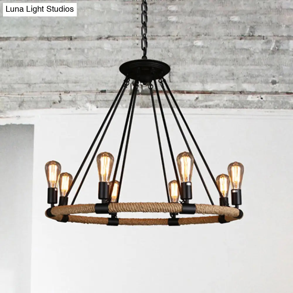 Lodge Style Roped Ring Chandelier Pendant Light With Adjustable Chain - 6/8 Heads In Black