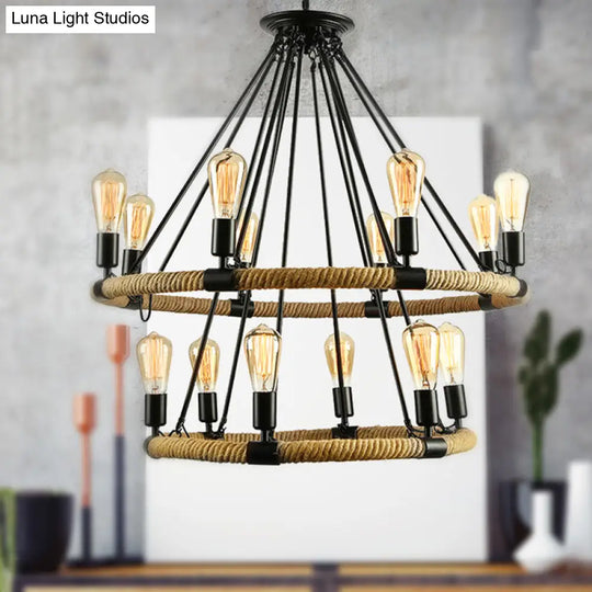 Rustic Rope Ring Chandelier - Lodge Style Pendant Light With Adjustable Chain 6/8 Heads Black