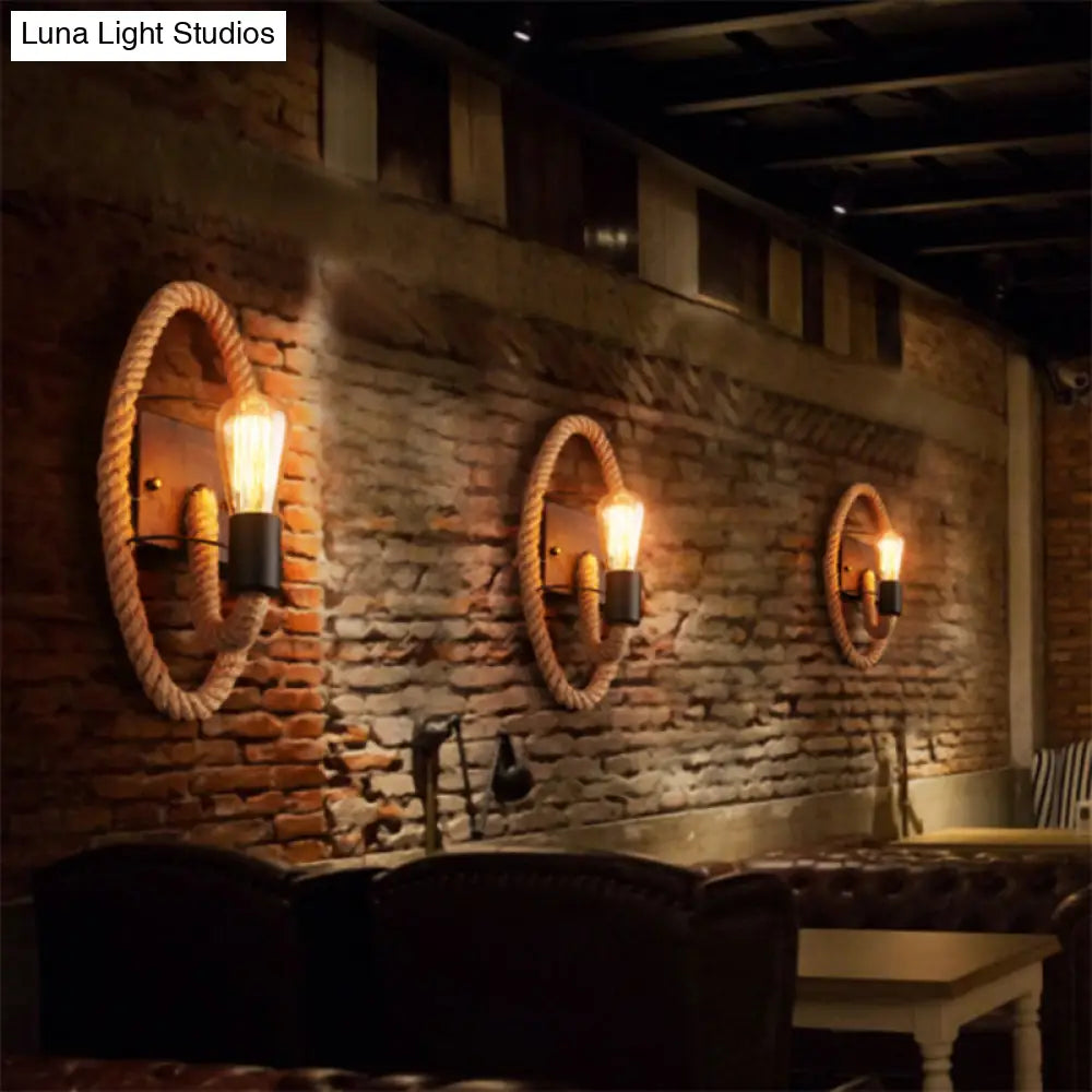 Rustic Rope Wall Sconce With Bare Bulb Design And Wood Detailing