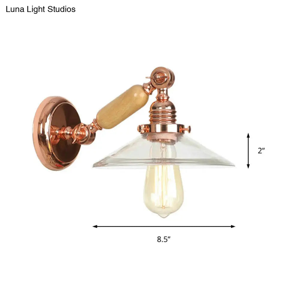 Rustic Rose Gold Cone Wall Sconce With Clear Glass Rotatable Arm 1 Light Living Room Lighting