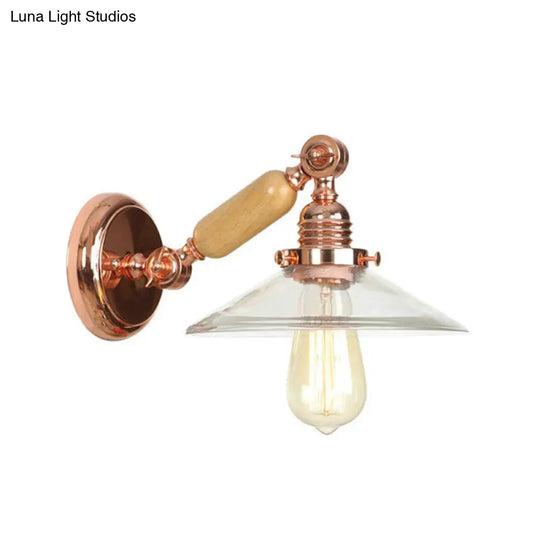 Rustic Rose Gold Cone Wall Sconce With Clear Glass Rotatable Arm 1 Light Living Room Lighting