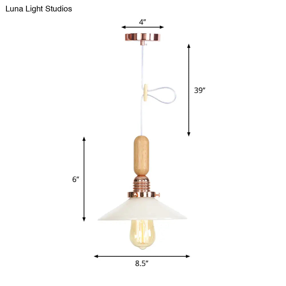 Rustic Rose Gold Hanging Lamp With Saucer/Bell Shade Wood Handle And Clear Ribbed Glass Pendant