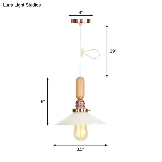 Rustic Rose Gold Hanging Lamp With Saucer/Bell Shade Wood Handle And Clear Ribbed Glass Pendant