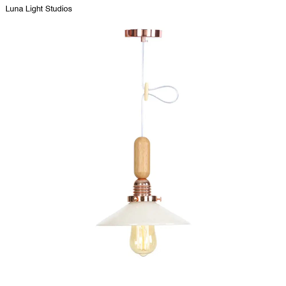 Rustic Rose Gold Hanging Lamp With Saucer/Bell Shade Wood Handle And Clear Ribbed Glass Pendant