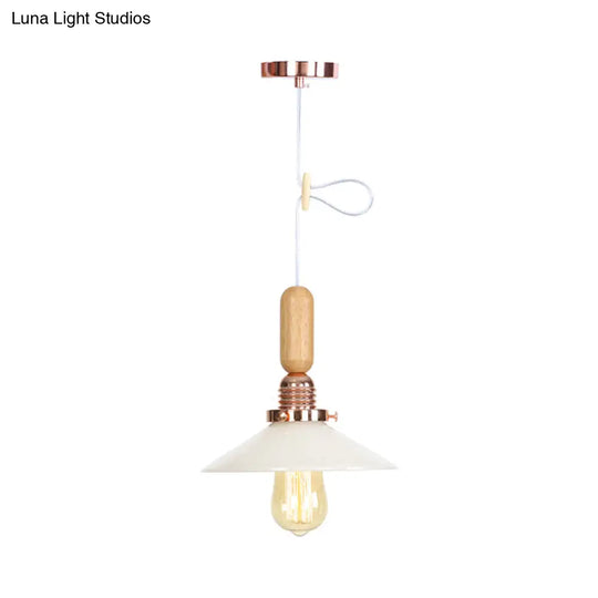 Rustic Rose Gold Hanging Lamp With Saucer/Bell Shade Wood Handle And Clear Ribbed Glass Pendant