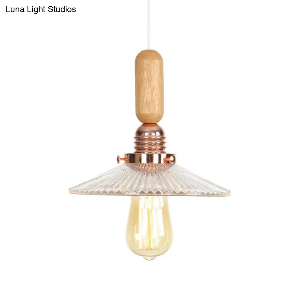 Rustic Rose Gold 1-Light Hanging Lamp With Clear Ribbed Glass Shade And Wood Handle