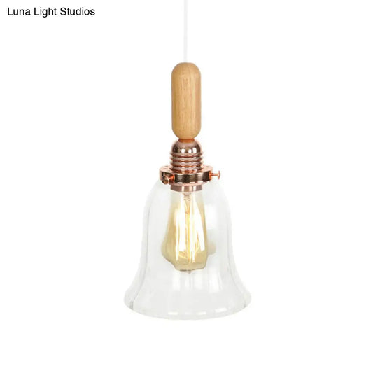 Rustic Rose Gold 1-Light Hanging Lamp With Clear Ribbed Glass Shade And Wood Handle / E