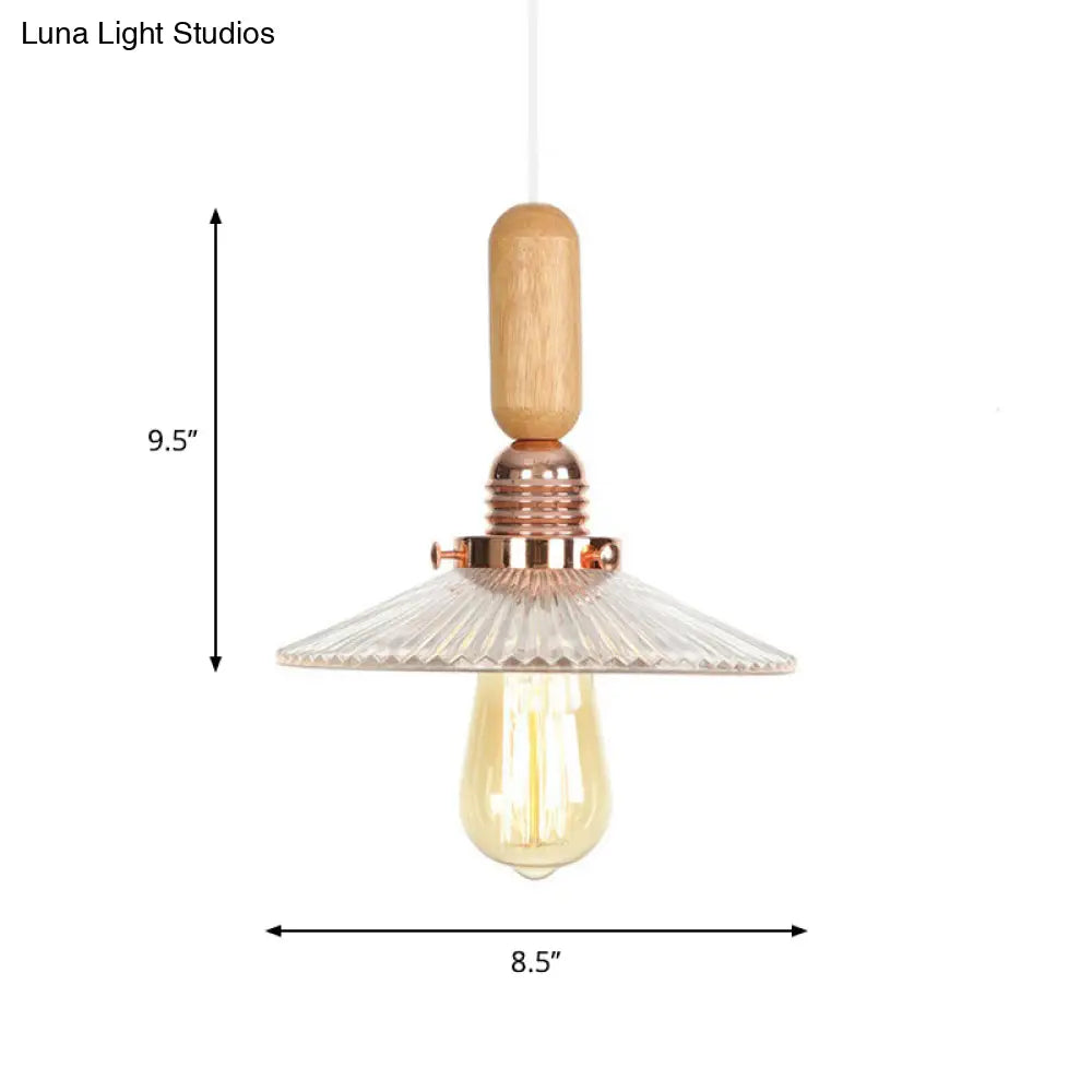 Rustic Rose Gold Hanging Lamp With Saucer/Bell Shade Wood Handle And Clear Ribbed Glass Pendant