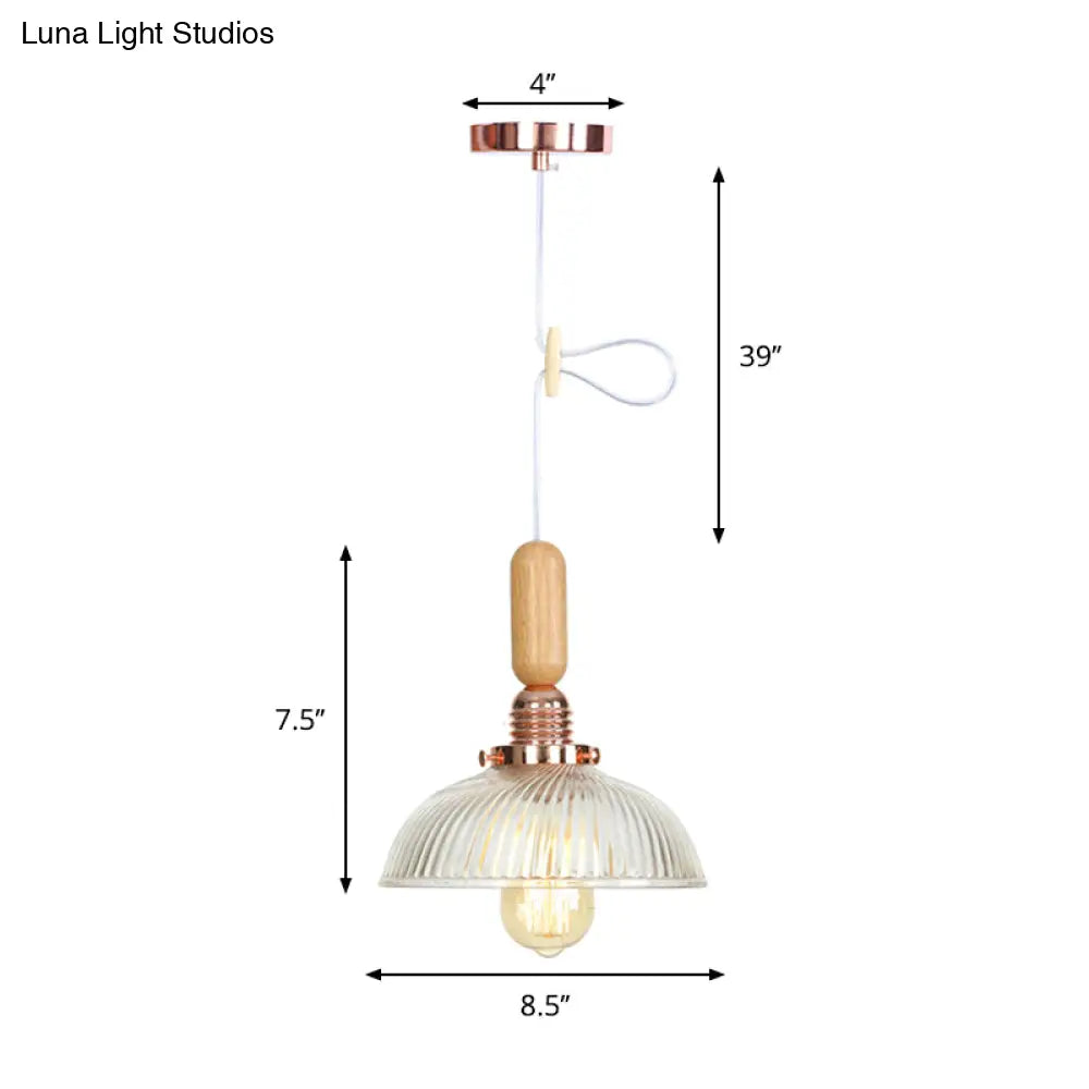 Rustic Rose Gold Hanging Lamp With Saucer/Bell Shade Wood Handle And Clear Ribbed Glass Pendant