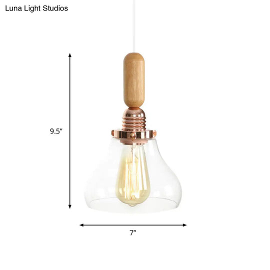 Rustic Rose Gold Hanging Lamp With Saucer/Bell Shade Wood Handle And Clear Ribbed Glass Pendant