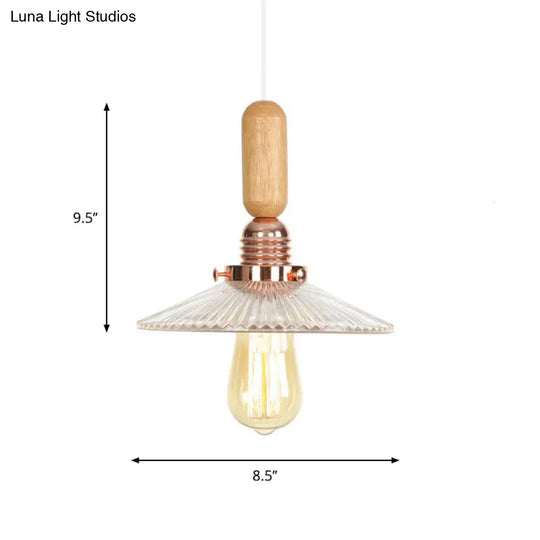 Rustic Rose Gold 1-Light Hanging Lamp With Clear Ribbed Glass Shade And Wood Handle