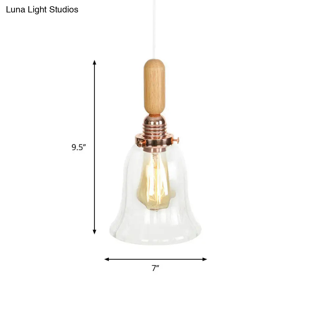 Rustic Rose Gold 1-Light Hanging Lamp With Clear Ribbed Glass Shade And Wood Handle