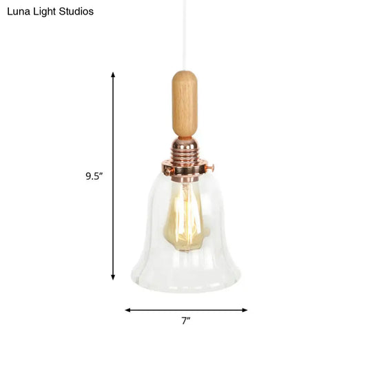 Rustic Rose Gold Hanging Lamp With Saucer/Bell Shade Wood Handle And Clear Ribbed Glass Pendant