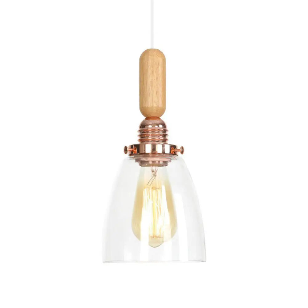 Rustic Rose Gold Hanging Lamp With Saucer/Bell Shade Wood Handle And Clear Ribbed Glass Pendant / A