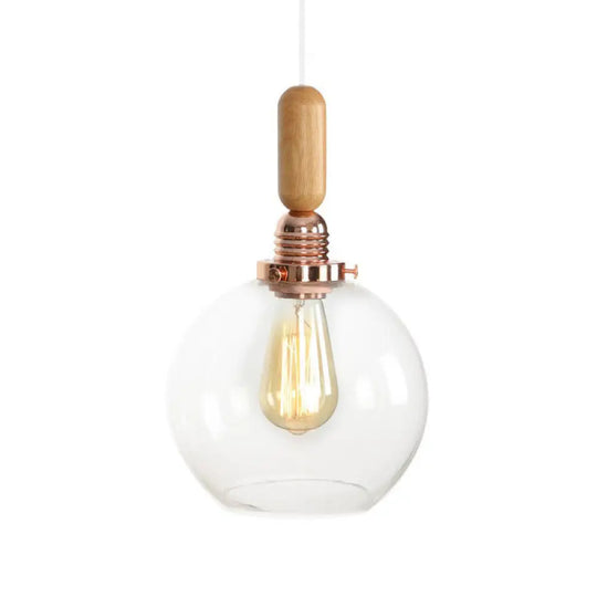 Rustic Rose Gold Hanging Lamp With Saucer/Bell Shade Wood Handle And Clear Ribbed Glass Pendant / B