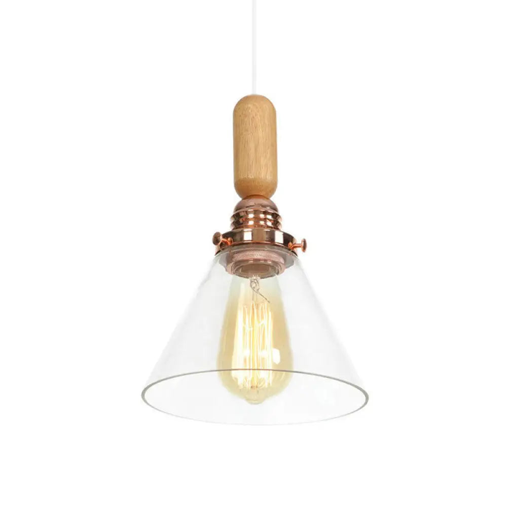 Rustic Rose Gold Hanging Lamp With Saucer/Bell Shade Wood Handle And Clear Ribbed Glass Pendant / C