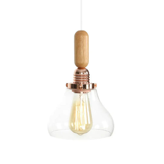 Rustic Rose Gold Hanging Lamp With Saucer/Bell Shade Wood Handle And Clear Ribbed Glass Pendant / D