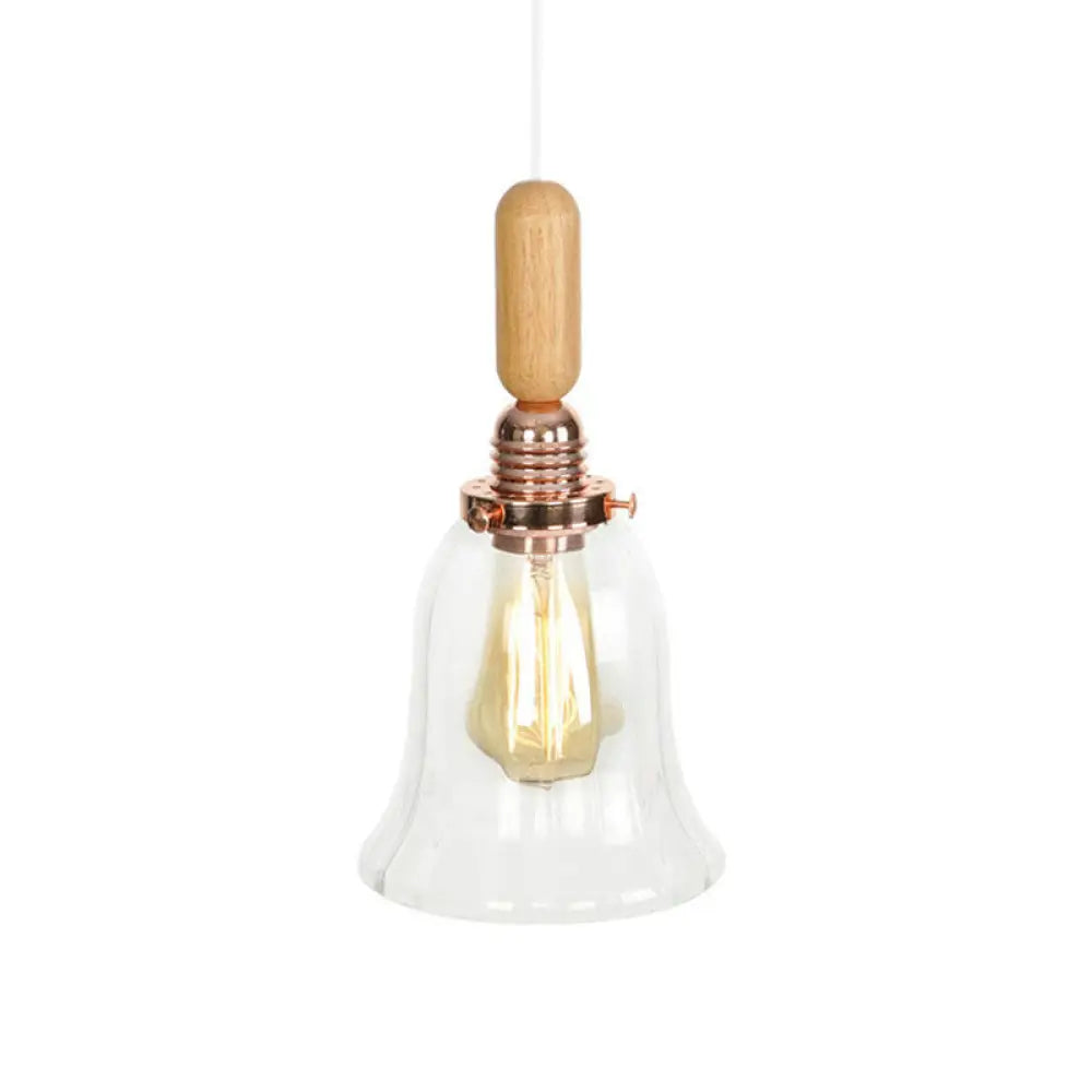 Rustic Rose Gold Hanging Lamp With Saucer/Bell Shade Wood Handle And Clear Ribbed Glass Pendant / E