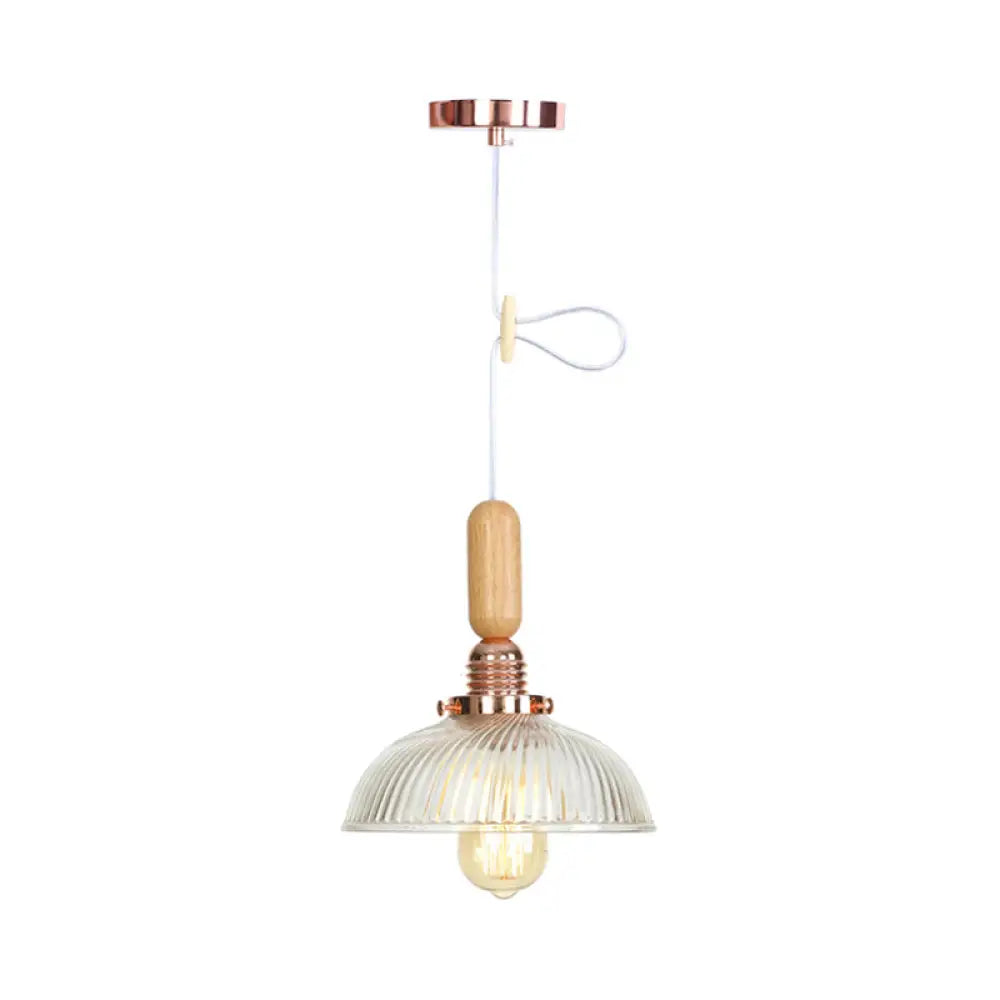 Rustic Rose Gold Hanging Lamp With Saucer/Bell Shade Wood Handle And Clear Ribbed Glass Pendant / H