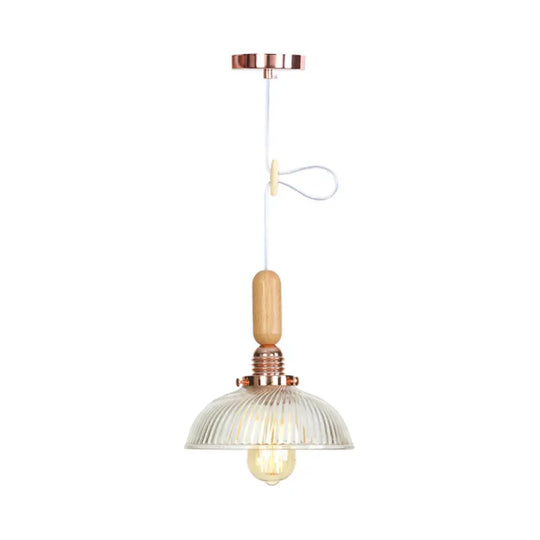 Rustic Rose Gold Hanging Lamp With Saucer/Bell Shade Wood Handle And Clear Ribbed Glass Pendant / H