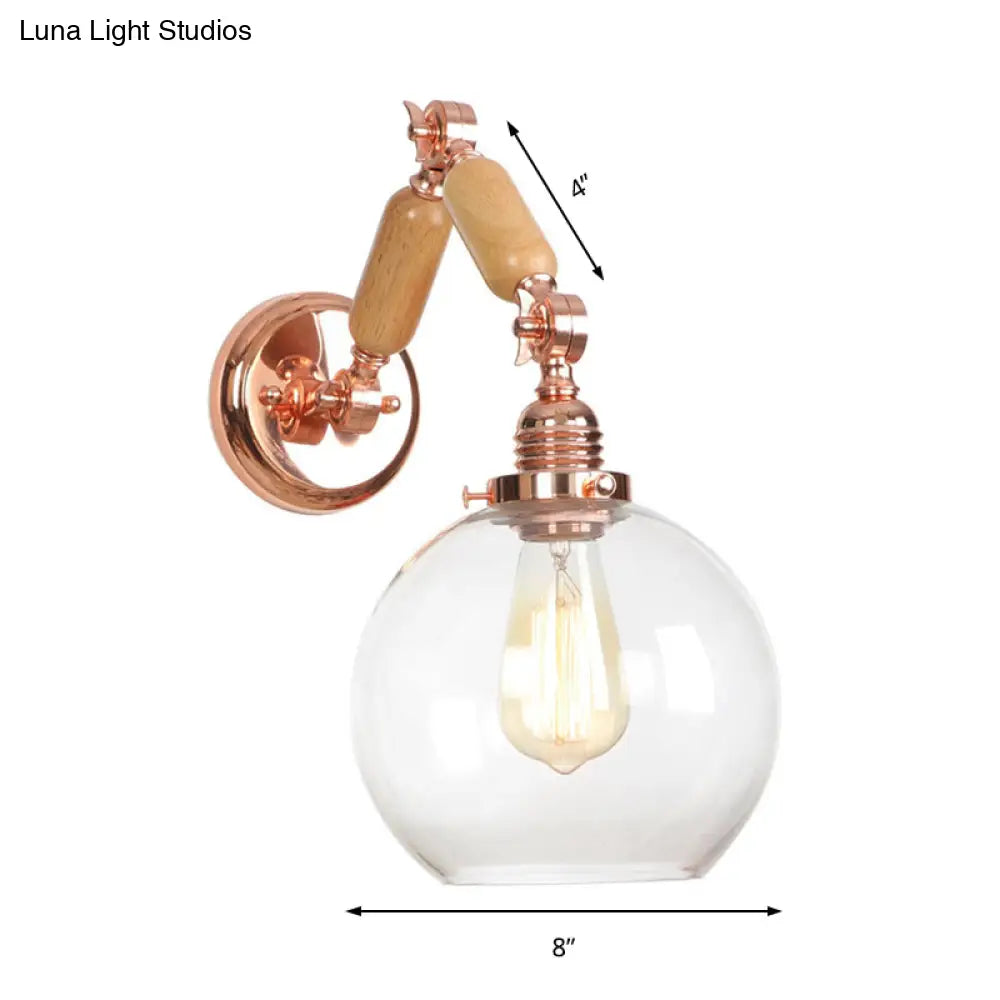 Rustic Rose Gold Wall Mounted Globe Light With Extendable Arm - Clear Glass Lighting