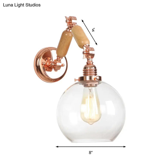 Rustic Rose Gold Wall Mounted Globe Light With Extendable Arm - Clear Glass Lighting