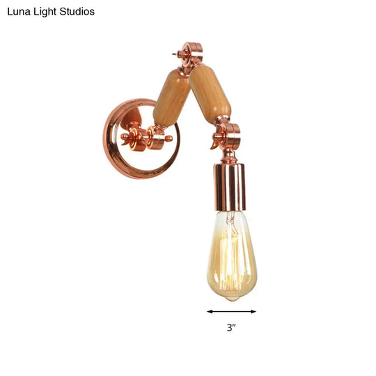 Rustic Rose Gold Wooden Sconce With Industrial Metal And Bare Bulb - Living Room Wall Light