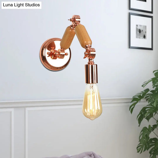 Rustic Rose Gold Wooden Sconce With Industrial Metal And Bare Bulb - Living Room Wall Light