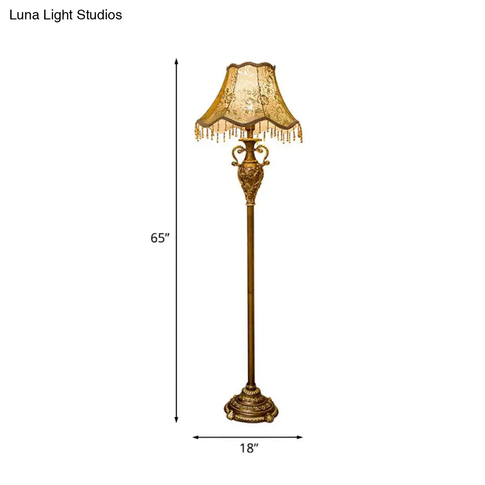 Rustic Rose Print Fabric Scalloped Floor Lamp In Gold - 1 Bulb Free Standing Light For Living Room