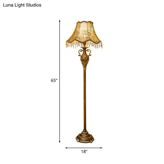 Rustic Rose Print Fabric Scalloped Floor Lamp In Gold - 1 Bulb Free Standing Light For Living Room