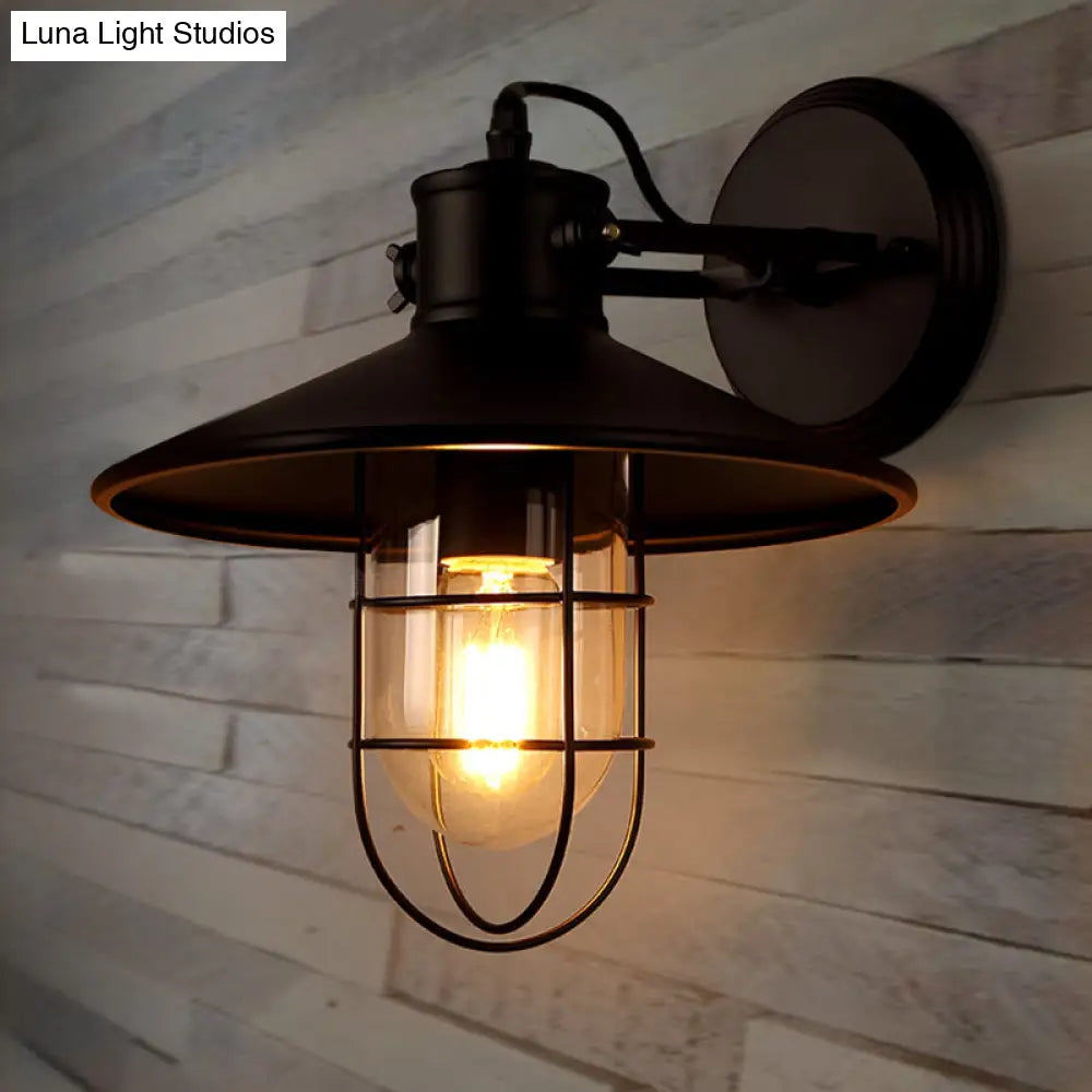 Rustic Rotatable Wall Lamp With Wire Glass Guard In Black - Perfect For Dining Room