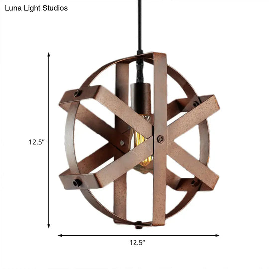 Rustic Round Cage Pendant Light - 1-Light Fixture For Dining Room
