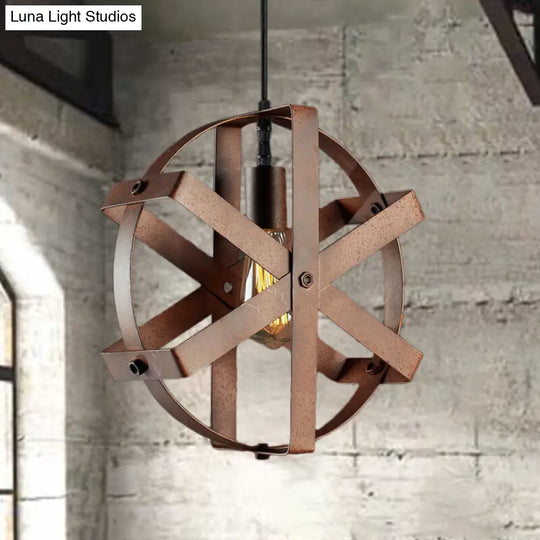 Rustic Rust Iron Round Cage Pendant Light - 1-Light Hanging Ceiling Fixture For Dining Room