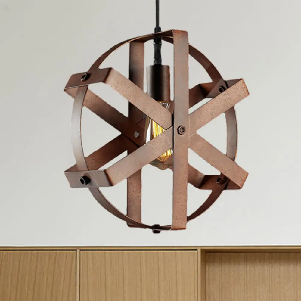 Rustic Round Cage Pendant Light - 1-Light Fixture For Dining Room Rust