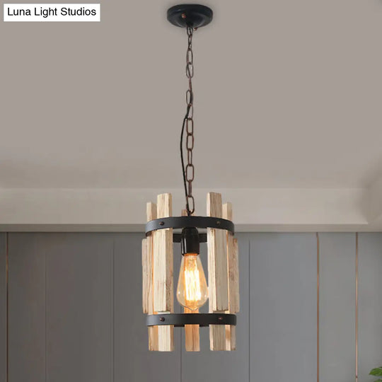 Rustic Pendant Lamp With Wooden Frame And Metallic Finish - Single Bulb Suspended Parlor Light In